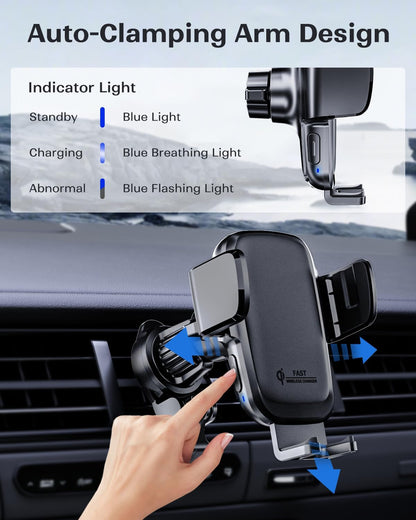 KPON Wireless Charger for Car, Car Phone Holder Charger Mount Qi Certified Auto Clamping 15W Fast Charging for Dashboard Air Vent Windshield Mount for Samsung Galaxy/iPhone 16 15 14 13 12 /Google/LG