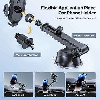 Miracase Phone Holders for Your Car, [Thick Case & Heavy Phone Friendly] Universal Cell Phone Car Mount, 3-in-1 Phone Mount for Car Dashboard Windshield Air Vent Fit for All Smartphones, Grey