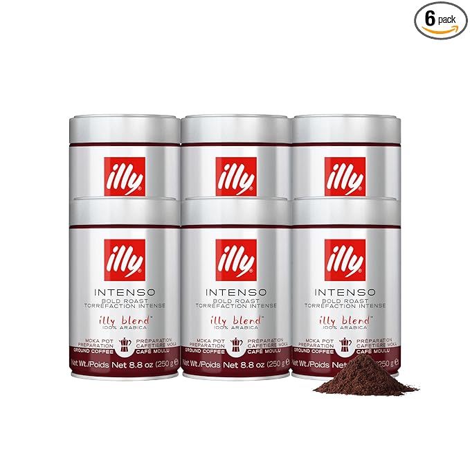 illy Ground Moka Coffee, Intenso Dark Roast, 100% Arabica, Premium Italian Coffee, Pre-Ground for Moka Pot or Stovetop Brewing, 8.8oz, 6 Pack