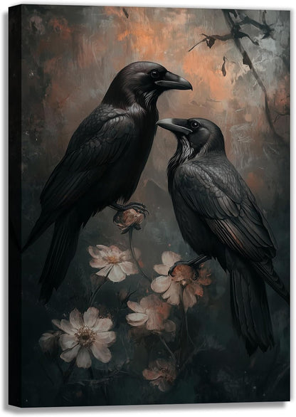 OAAPITI Birds Canvas Wall Art Black Couple Crow Picture Print Vintage Gothic Raven Artwork for Living Room Halloween Home Wall Decor(Artwork-7,20"x30")