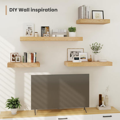 Heimlove 24 x 12 Inch Deep Floating Shelves Wall Mounted with Invisible Brackets,Storage Hanging Shelf for Wall Decor in Bathroom, Bedroom, Toilet, Kitchen, Living Room, Office Set of 2 (Oak)
