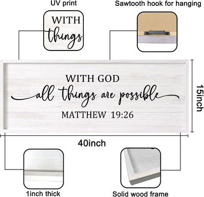 With God All Things are Possible Framed Wall Art, 40''×15'' Vintage Holy Religious Rustic Bible Verse for Christian God Jesus Christ Prayer, Positive Horizontal Inspirational Catholic Scripture Decor