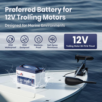 12.8V 100Ah TM LiFePO4 Battery with Low-temp Protection, Timeusb Group 31 Lithium Battery, Up to 15000 Deep Cycles Battery for Trolling Motor, RV, Solar, Travel Trailer, Energy Storage- Off Grid