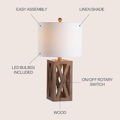 JONATHAN Y 21.5" Brown Farmhouse Wood Table Lamp for Bedside and Living Room, White Linen Drum Shade, Rustic Modern Desk Lamp for Bedroom, LED Bulb Included JYL1062A