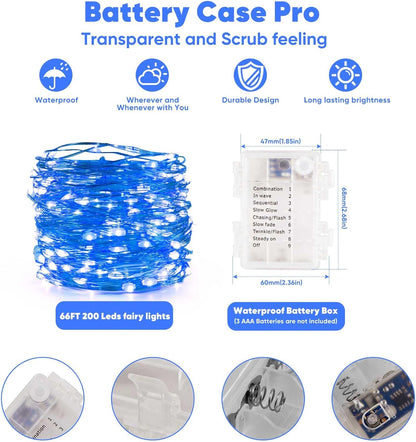 4 Pack 65.6 Ft. Battery Operated Outdoor String Lights with Remote & Timer, LED Blue Fairy Lights, Waterproof Twinkle Lights for Bedroom, Dorm, Mason Jar, Wedding, Party, Christmas