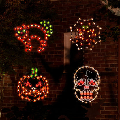 Lighted Spider, Bat, Happy Halloween Window Silhouette Decoration - Light Up Hanging Ornament