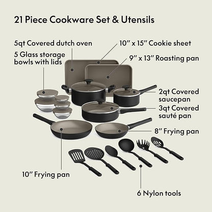 bella 21 Piece Kitchen Set with EverGood™ Ceramic Nonstick Coating, Dishwasher & Oven Safe, All Stovetops Compatible, Tempered Glass Lids & Cool Touch Handles, Black