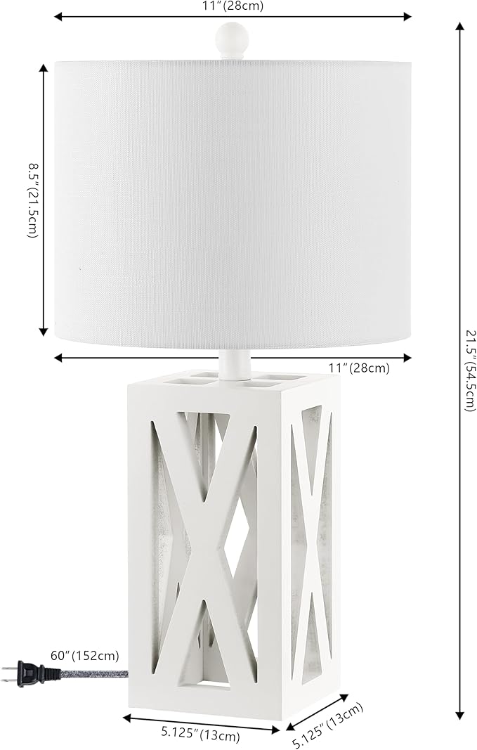 JONATHAN Y 21.5" White Farmhouse Wood Table Lamp for Bedside and Living Room, White Linen Drum Shade, Rustic Modern Desk Lamp for Bedroom, LED Bulb Included (JYL1062B-SET2)