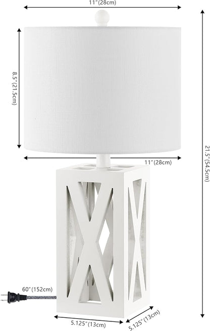 JONATHAN Y 21.5" White Farmhouse Wood Table Lamp for Bedside and Living Room, White Linen Drum Shade, Rustic Modern Desk Lamp for Bedroom, LED Bulb Included (JYL1062B-SET2)