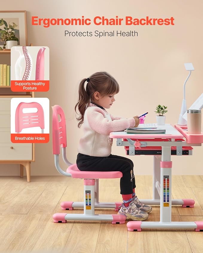 VEVOR Kids Study Desk and Chair Set, Learning Table and Chair for Kids with Table Lamp, Adjustable Height & 0-40° Tilted Desktop Toddler Desk and Chair, Table for Bedroom & Study Room, Pink