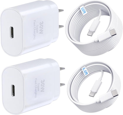 Phone 15 16 Charger, 30W Super Fast Charging, USB C Block Type C Cable Cord [ 6.6ft + 10ft ] for iPhone 16,16 Plus,16 Pro,16 Pro Max, iPhone15, iPad Pro 12.9/11, Galaxy S25, S24,S23-2Pack