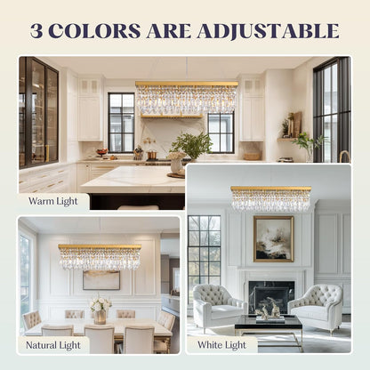 Modern Gold Crystal Chandelier,Rectangular K9 Crystal Raindrop Light Fixture,6 Light Rectangle Chandeliers for Dining Room Living Room Kitchen Island L31.5''xW10''xH10''
