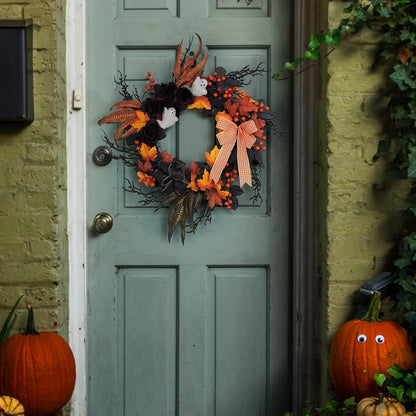 Adeeing 26 Inch Halloween Wreaths for Front Door, Halloween Decorations Ghost Wreath with Feathers Artificial Black Rose and Ribbon for Indoor Outdoor Home Party Decor