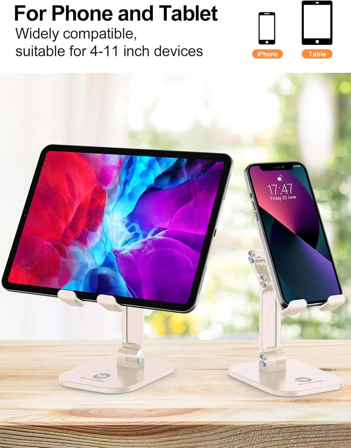 OCYCLONE Phone Stand, Adjustable Height and Angle Foldable Cell Phone Stand Holder for Desk, Taller iPhone Stand Compatible with 4.7"-13" Smartphones iPad Tablet, Beige