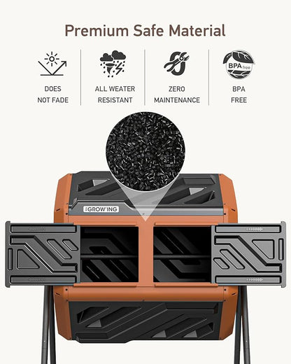 THEGROW'ING Updated 43 Gallon Compost Bin Outdoor, Fast Assemble Tumbling Composter, Dual Chamber Composter Tumbler, Rotating Compost Bin for Outside, Backyard, Garden and Yard, Orange