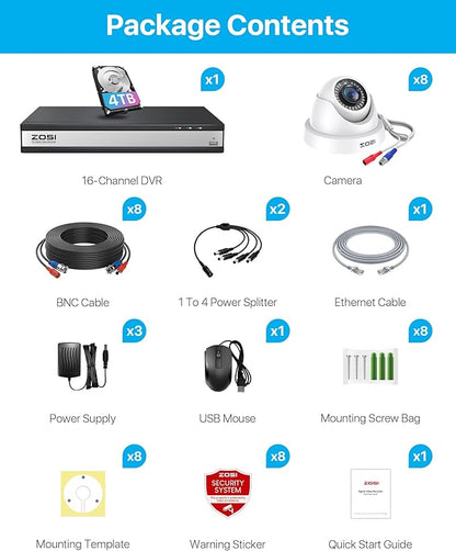 ZOSI H.265+ 16 Channel Security Camera System 1080p,16CH CCTV DVR, 8 x 1080p Indoor Outdoor Dome Camera, Human Vehicle Detect, 80ft Night Vision, 105° View Angle, Remote Control, Alert Push, 4TB HDD