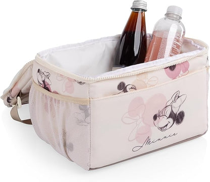 PICNIC TIME Disney Minnie Mouse Modern Lunch Cooler and Insulated Lunch Tote, Compact Lunch Bag with Adjustable Strap and Ice Pack Pocket, (Beige with Vintage Pink Sketch)