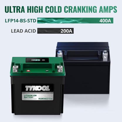 TYKOOL YTX14-BS-STD 400 CCA,Lithium LiFePO4 12v Motorcycle Battery,ATV Battery,2X Cranking Amps,Digital Readout for SOC,Comptitable for ATV,Piaggio Scooter,Honda UTV,Yamaha Snowmobile