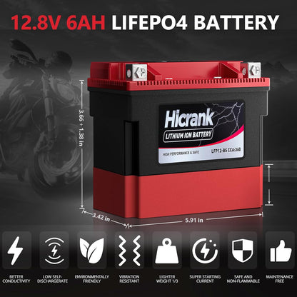 YTX12-BS 12V 6Ah,360CCA LiFePO4 Lithium Motorcycle Battery,Powersports Battery for Honda KTM Yamaha Harley Fit ATV, UTV, Scooter, Motocross, Lawn Mower, Jet Ski, Polaris