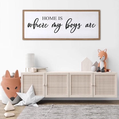 Home is Where My Boys are Sign Framed Wall Art, 32''×12'' Rustic Horizontal My Son Plaque with Natural Frame for Baby Kid Boy Son Teen Toddlers Room, Horizontal Mom of Boys Gifts Nursery Decor