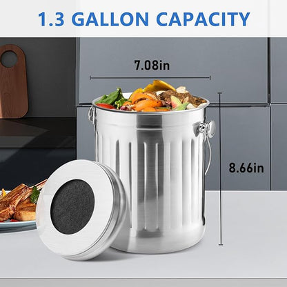 ENLOY Compost Bin for Kitchen Countertop, 1.3 Gallon Stainless Steel Indoor Compost Bucket for Kitchen Countertop Odorless Compost Pail for Kitchen Food Waste with Carrying Handle Easy to Clean