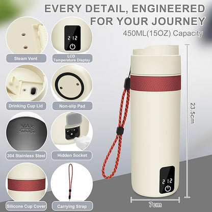 Portable Electric Kettle, 450ML Mini Hot Water Boiler Heater, Travel Kettle with 4 Temperature Settings, 304 Stainless Steel Portable Bottle Warmer with Auto Shut-Off & Boil-Dry Protection