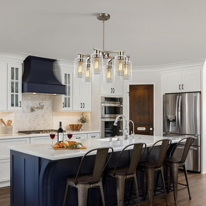 6-Light Modern Farmhouse Brushed Nickel Chandelier, Dining Room Light Fixture Over Table Adjustable Height Hanging Industrial Pendant Lights Kitchen Island, Clear Glass Shade