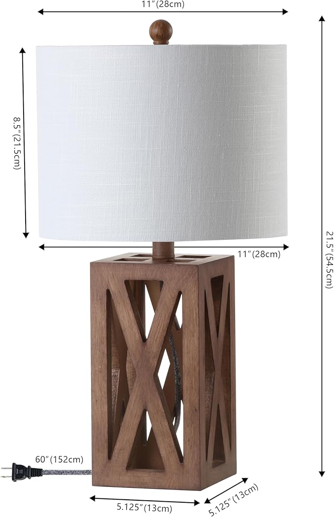 JONATHAN Y 21.5" Brown Farmhouse Wood Table Lamp for Bedside and Living Room, White Linen Drum Shade, Rustic Modern Desk Lamp for Bedroom, LED Bulb Included (JYL1062A-SET2)