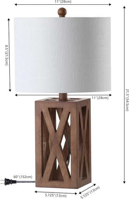 JONATHAN Y 21.5" Brown Farmhouse Wood Table Lamp for Bedside and Living Room, White Linen Drum Shade, Rustic Modern Desk Lamp for Bedroom, LED Bulb Included (JYL1062A-SET2)