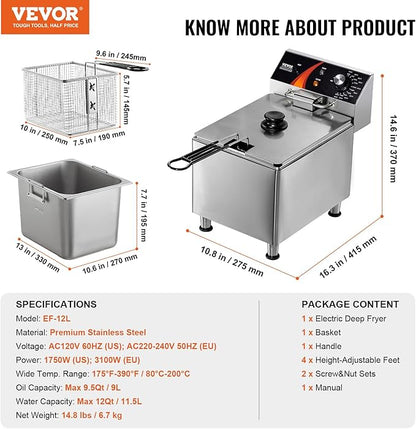 VEVOR Commercial Deep Fryer, 1750W Electric Countertop Fryer with Basket & Height-Adjustable Feet, 12Qt / 11.5L Stainless Steel Single Oil Fryer, Temp Control, Overheat Protection, for Restaurant Use