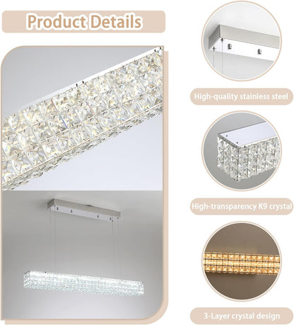 Modern Crystal Chandelier Silver Rectangular Crystal Chandelier Contemporary Linear Pendant Ceiling Light Fixture for Living Dining Room Kitchen Island (L 40")