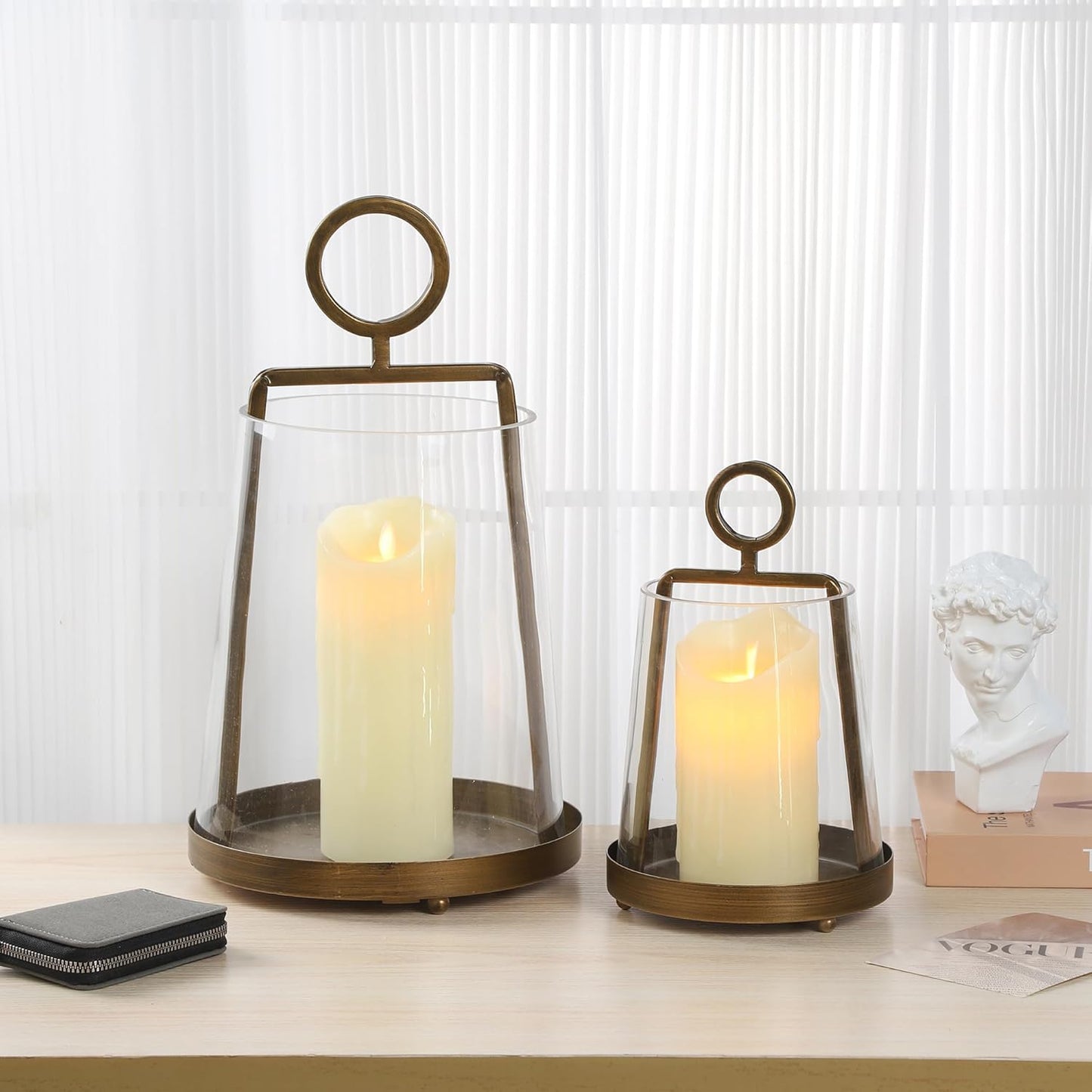 9" Wide Modern Farmhouse Metal Hurricane Candle Holder with Handmade Sturdy Glass Sleeve in Antique Brass for Pillar Candle & Plants, Hurricane Lantern, Industrial, Minimalistic (1, Brass, 9"x14")