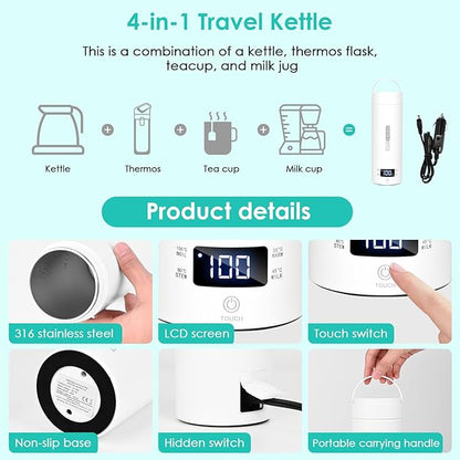 lazycozy® Travel Kettle for Car, 16oz Portable Electric Kettle, 4 Temperature Settings 113-212℉, with Clean Brush, Storage Bag, for Milk, Coffee, Tea, Hot Water