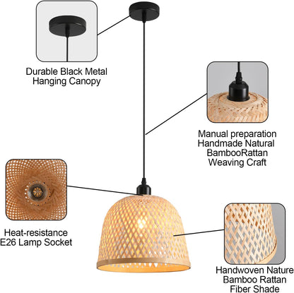 Bamboo Pendant Light 11.02" Hand Woven Bamboo Chandelier,3-Pack Rattan Ceiling Hanging Light,for Living Room Kitchen Dining Room Farmhouse