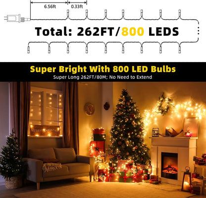 XTF2015 262FT 800 LED Christmas String Lights, Christmas Lights End to End Plug 8 Modes Memory Function with Timer, UL Certified Outdoor Indoor Fairy Light Christma s Tree, Patio, Party (Warm White)
