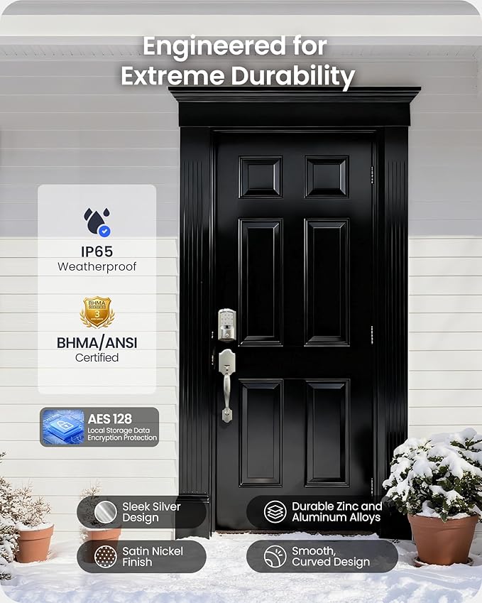 Veise VE027-H Built-in Wi-Fi Fingerprint Smart Deadbolt Lock with Handleset, App Remote & Voice Control, Keyless Entry Front Door Lock Set, Touchscreen Keypad, Auto-Lock, Easy Setup, Satin Nickel