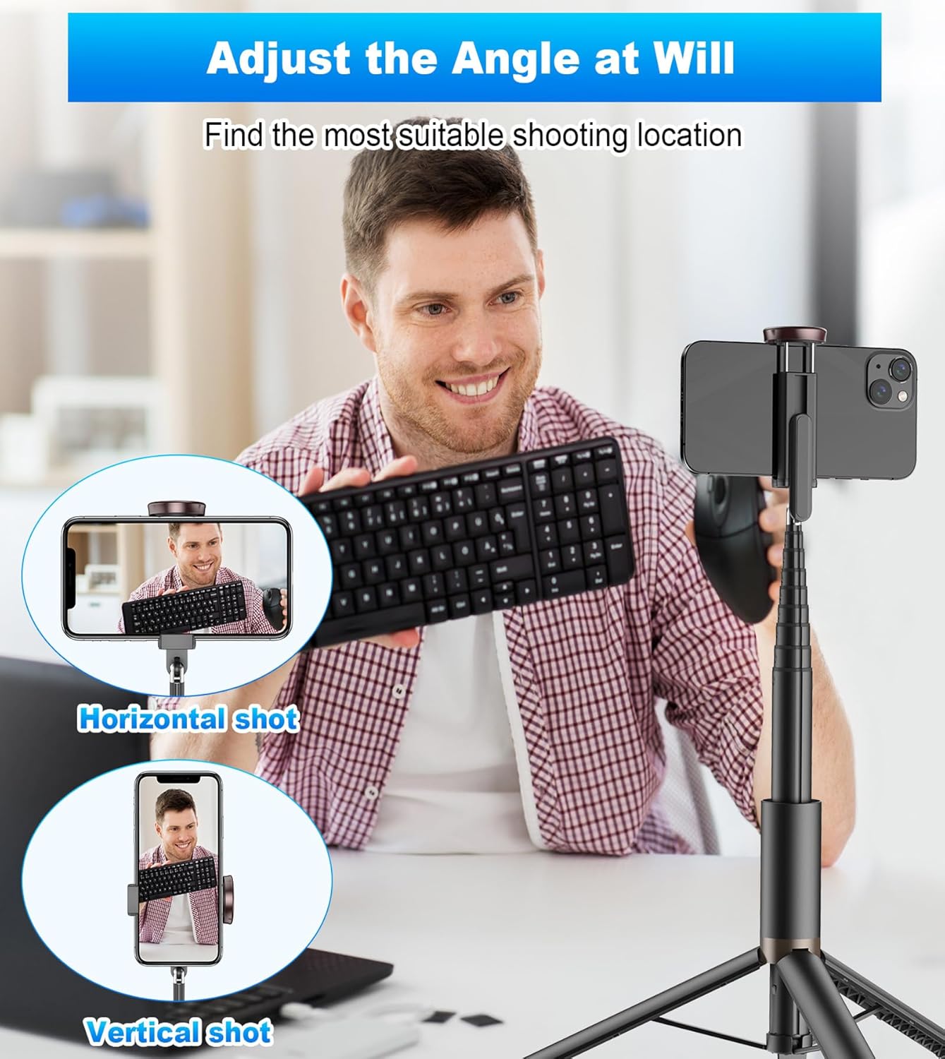 TONEOF 67" Cell Phone Selfie Stick Tripod,Smartphone Stand All-in-1 with Integrated Wireless Remote,Portable,Lightweight,Extendable for iPhone/Android(Black)
