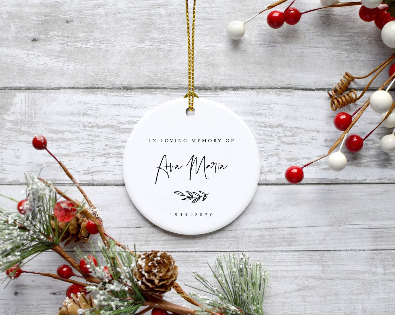 Andaz Press Personalized Round Ceramic Porcelain Christmas Ornament Keepsake Collectible Beareavement Memorial Gift, in Loving Memory of Ava Maria Carter 1944-2024, Antique Handdrawn, 1-Pack, Custom