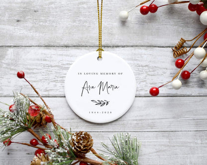 Andaz Press Personalized Round Ceramic Porcelain Christmas Ornament Keepsake Collectible Beareavement Memorial Gift, in Loving Memory of Ava Maria Carter 1944-2024, Antique Handdrawn, 1-Pack, Custom