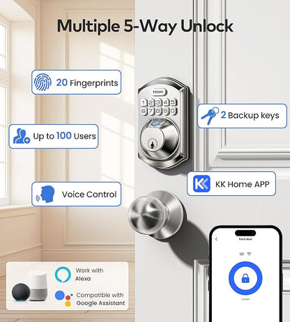 TEEHO TE012W-K WiFi Smart Keyless Entry Door Lock with Handle, Fingerprint Door Knob & Digital Keypad, APP Remote Control, Works with Alexa & Google, Electronic Deadbolt for Front Door, Satin Nickel