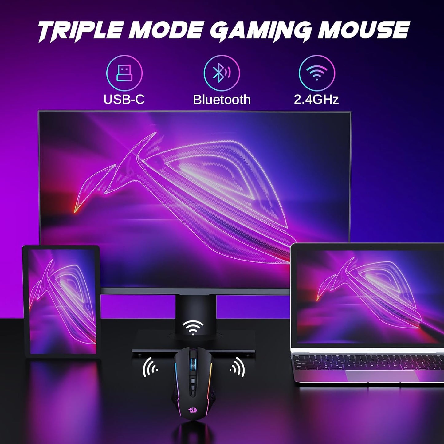 Redragon Wireless Gaming Mouse, Tri-Mode 2.4G/USB-C/Bluetooth Mouse Gaming, 12000 DPI, RGB Backlit, Fully Programmable, Rechargeable Wireless Computer Mouse for Laptop PC Mac, Black