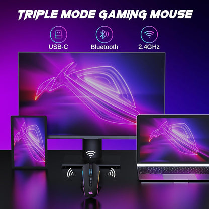 Redragon Wireless Gaming Mouse, Tri-Mode 2.4G/USB-C/Bluetooth Mouse Gaming, 12000 DPI, RGB Backlit, Fully Programmable, Rechargeable Wireless Computer Mouse for Laptop PC Mac, Black