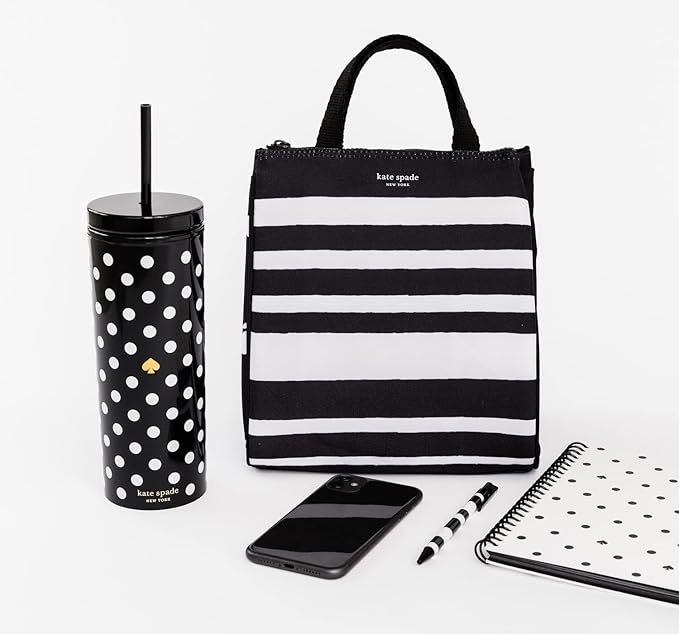 kate spade new york Portable Soft Cooler Lunch Bag, Thermal Tote with Insulated Interior Lining and Storage Pocket, Lunch Tote for Women, Sarah Stripe (Black/White)