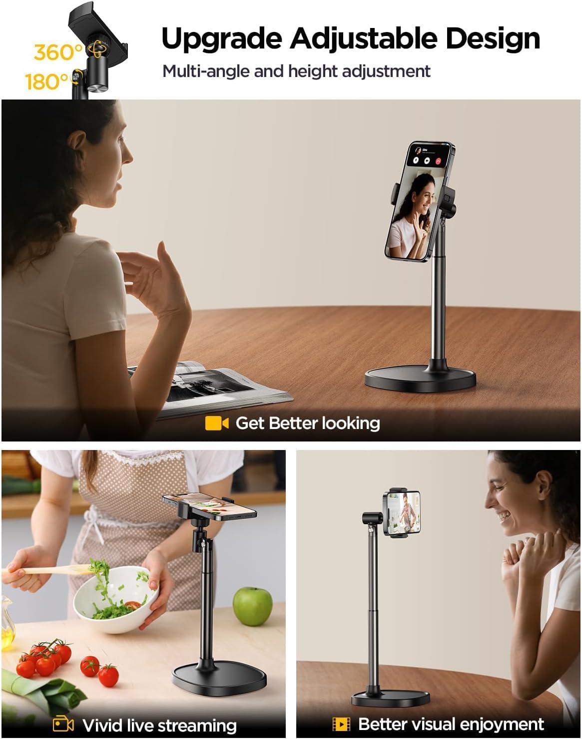DIMONCOAT Phone Stand for Desk, Angle Height Adjustable Phone Holder for Desk, Aluminum Alloy Universal iPhone Holder, Retractable Cell Phone Stand Recording Office for iPhone 16 15 Pro Max Plus