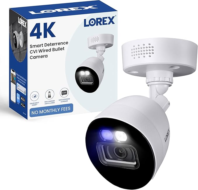 Lorex Indoor/Outdoor 4K Ultra HD Smart Deterrence CVI Wired Add-On Bullet Security Camera | Color & IR Night Vision | Dual Warning LED Lights | Siren | Built-in Speaker | IP67 | White