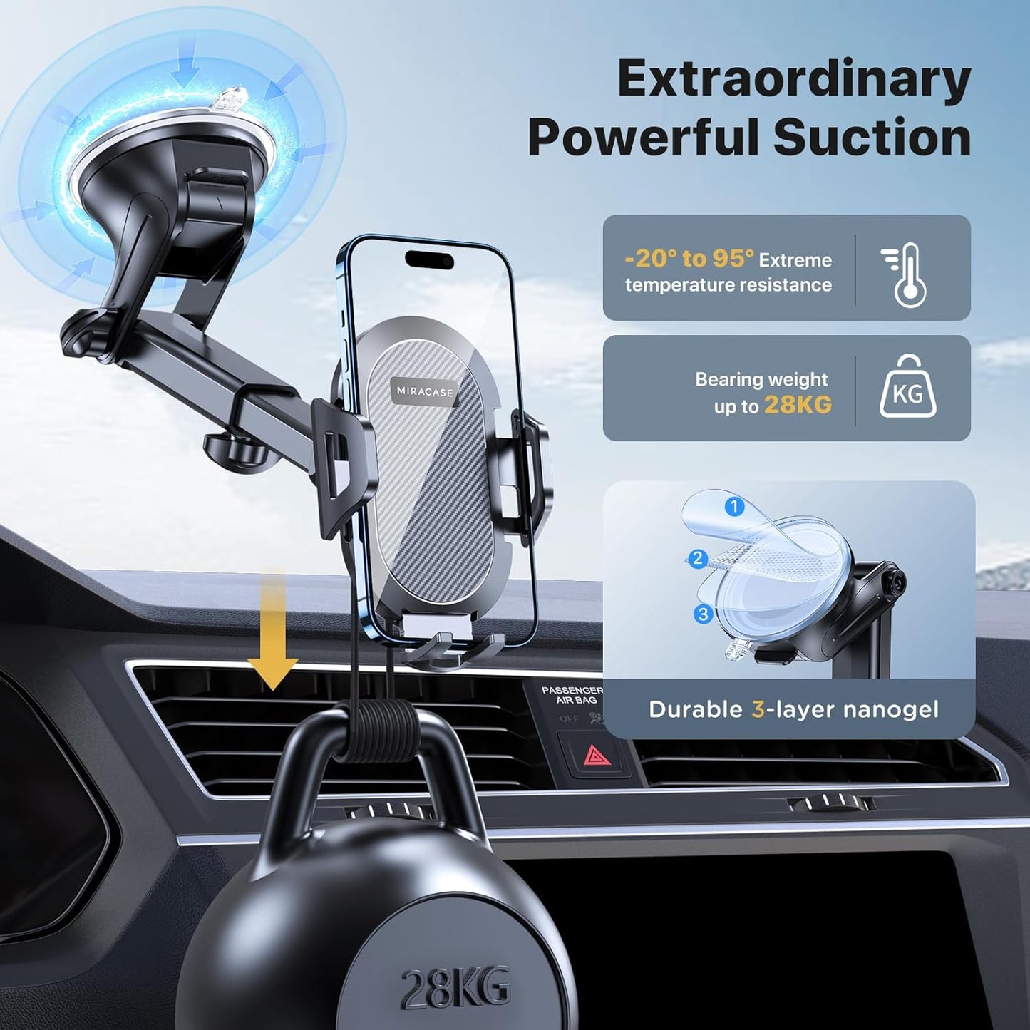 Miracase Phone Holders for Your Car, [Thick Case & Heavy Phone Friendly] Universal Cell Phone Car Mount, 3-in-1 Phone Mount for Car Dashboard Windshield Air Vent Fit for All Smartphones, Grey