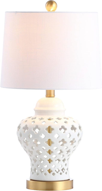 JONATHAN Y 20.5" White Pierced Ginger Jar Ceramic LED Table Lamp, Modern Glam Quatrefoil Fretwork for Living Room Bedroom, White Linen Shade, LED Bulb Included JYL6210A