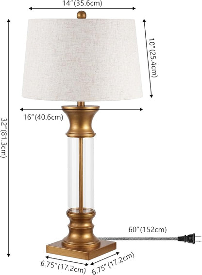 JONATHAN Y 32" Gold/Clear Glass Table Lamp Set of 2 for Living Room, Rustic Farmhouse Bedside Nightstand Lamps with Gray Linen Drum Shade, LED Bulbs Included (JYL4000B-SET2)