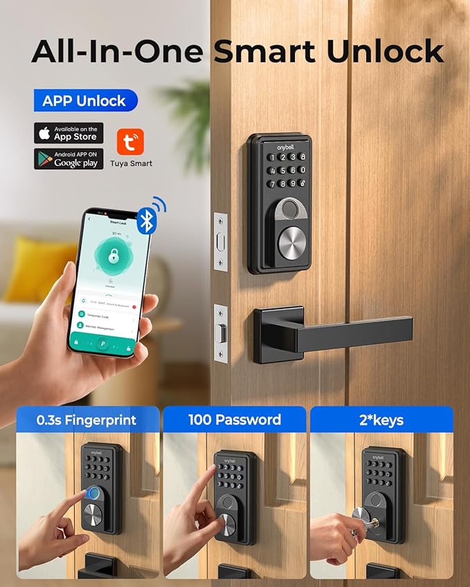 Smart Door Lock, ANYBELL Keyless Entry Door Lock Fingerprint with Keypad Smart Deadbolt for Home, Rental, Office and Hotel TUYA Remote Control, Black