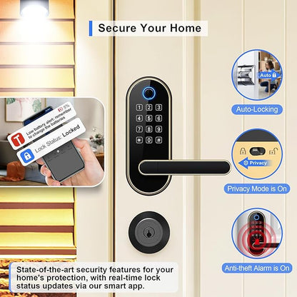 Bluetooth Fingerprint Smart Lock with Handle & Keypad – Fits Most US Doors, DIY Install, Keyless Entry: Code, FOB, Auto-Lock. Ideal for Home, Airbnb, Rental, Kids, Seniors. Alexa & Google Compatible